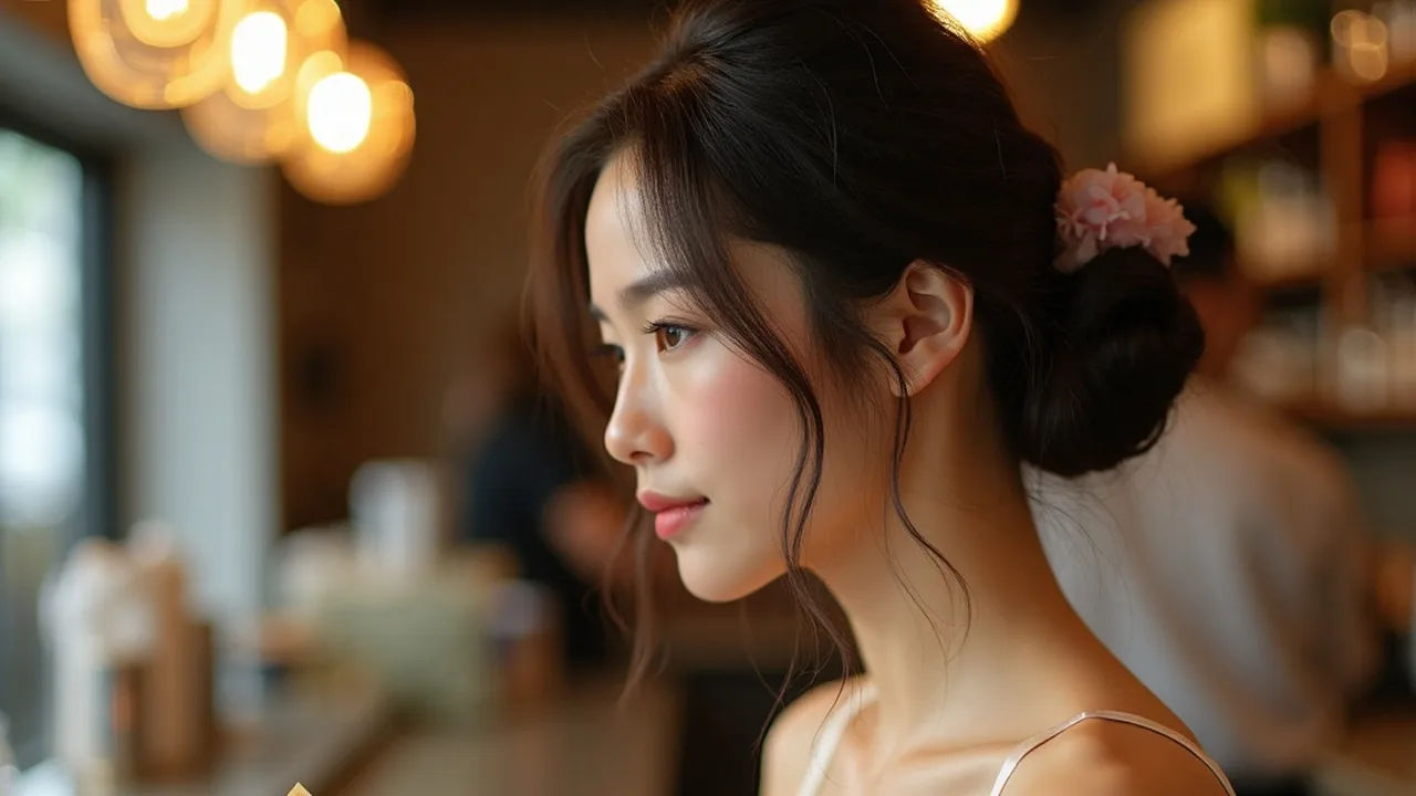 柜台前缎裙、价目夹与日元特写的女性