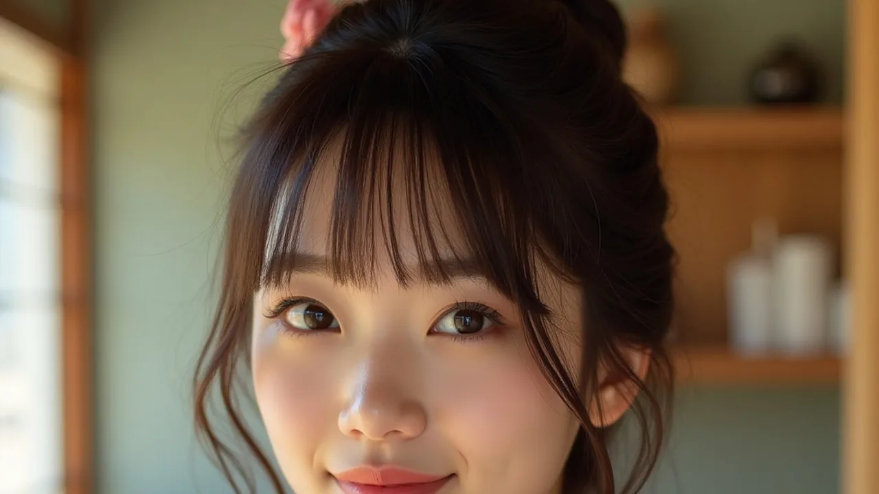 盘着发髻、刘海轻垂的年轻女性面带浅笑看向镜头，发间别着粉色小花，背景是明亮的浅绿色墙面和木格窗