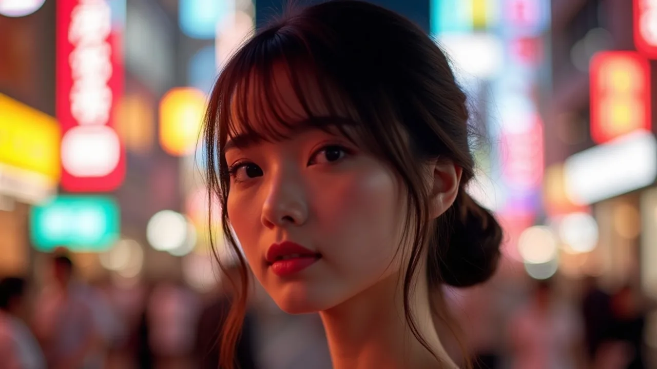 道顿堀霓虹虚化前珊瑚裙女性特写