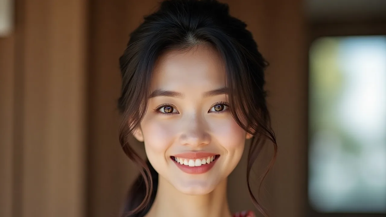 挽着发髻、面带微笑的年轻女性半身像，去之前先把年龄要求和证件问清楚