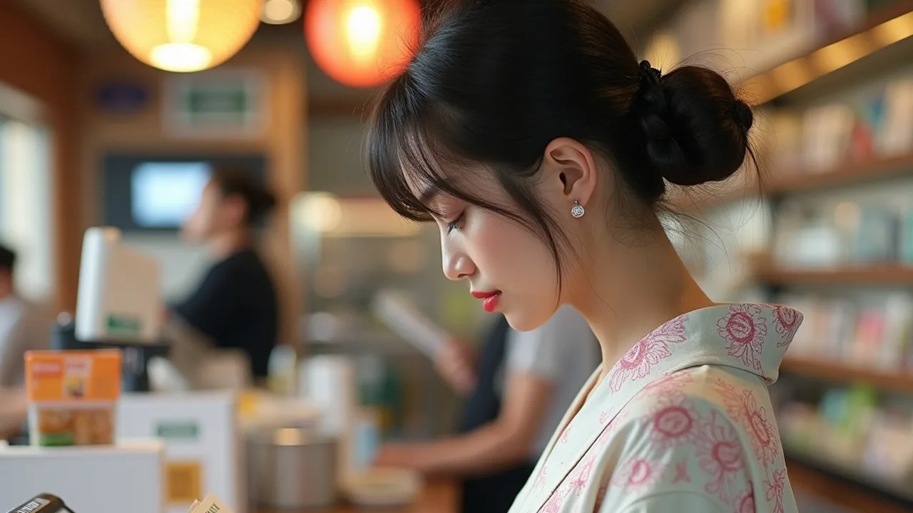 柜台清点日元的浴衣女性特写