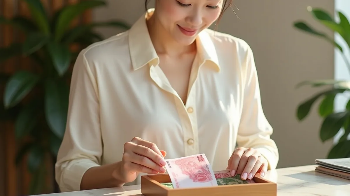 明亮接待台木托盘与日元纸币前的东亚成年女性,对应现金付款