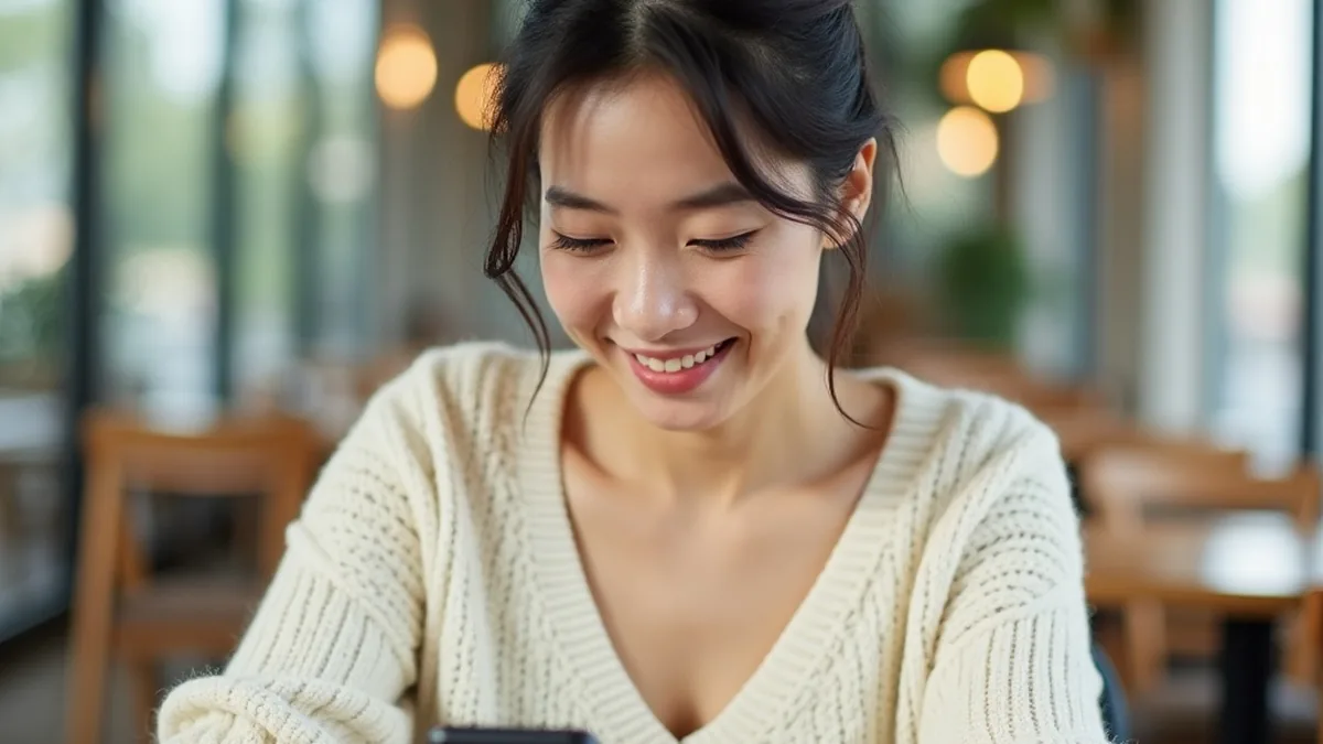明亮咖啡馆穿毛衣看手机评价的东亚成年女性,对应评价怎么读
