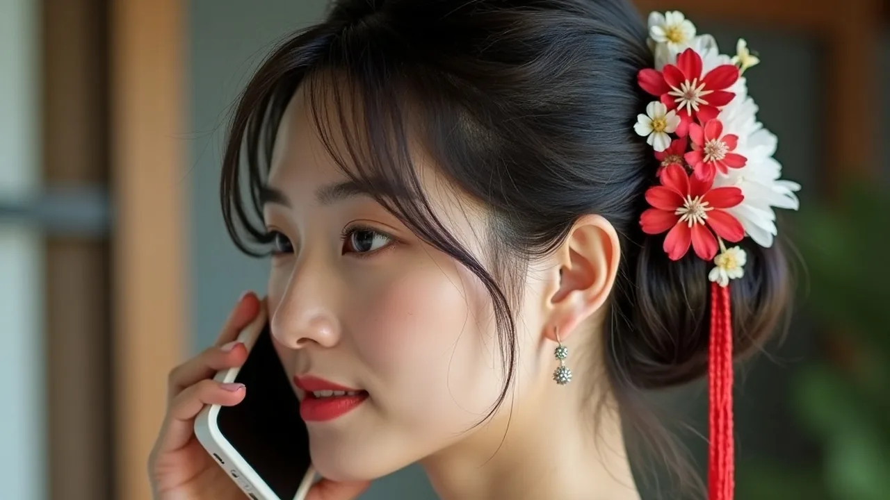 对着行程本打电话预约的浴衣女性