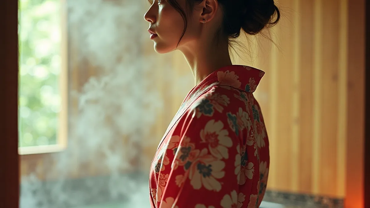 浴衣侧影与窗外霓虹对比,对应泡泡浴与风俗