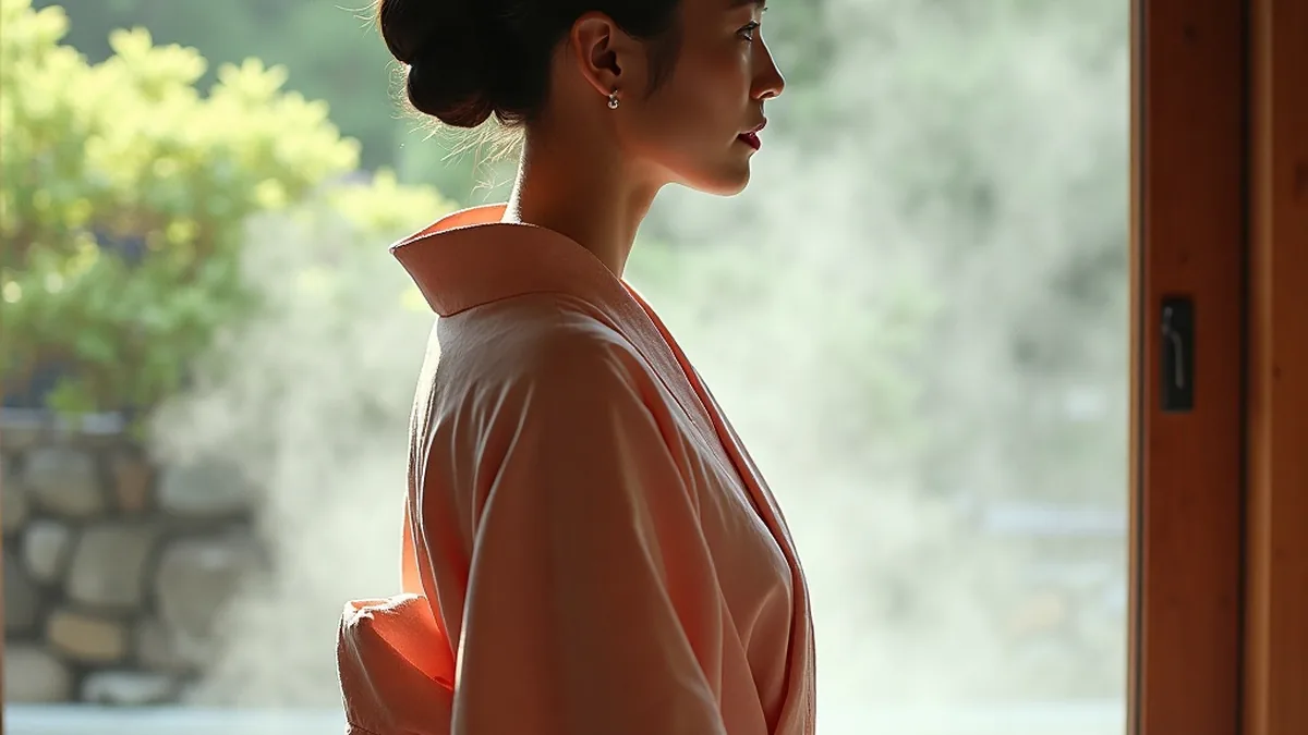 浴衣侧影望向浴池窗外,对应泡泡浴和钱汤差别