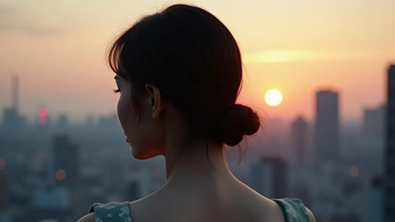 东京暮色天际线前露背裙的女性特写