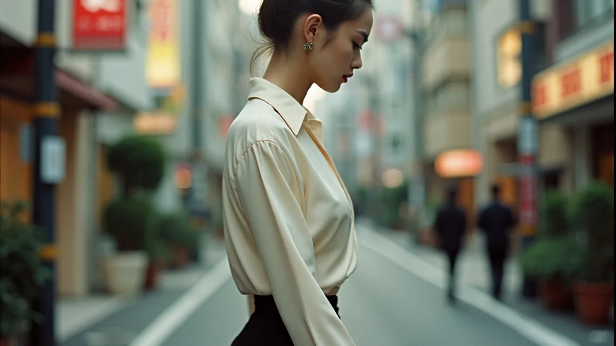绸缎上衣侧身走在新宿式街景，对应东京伴游区域