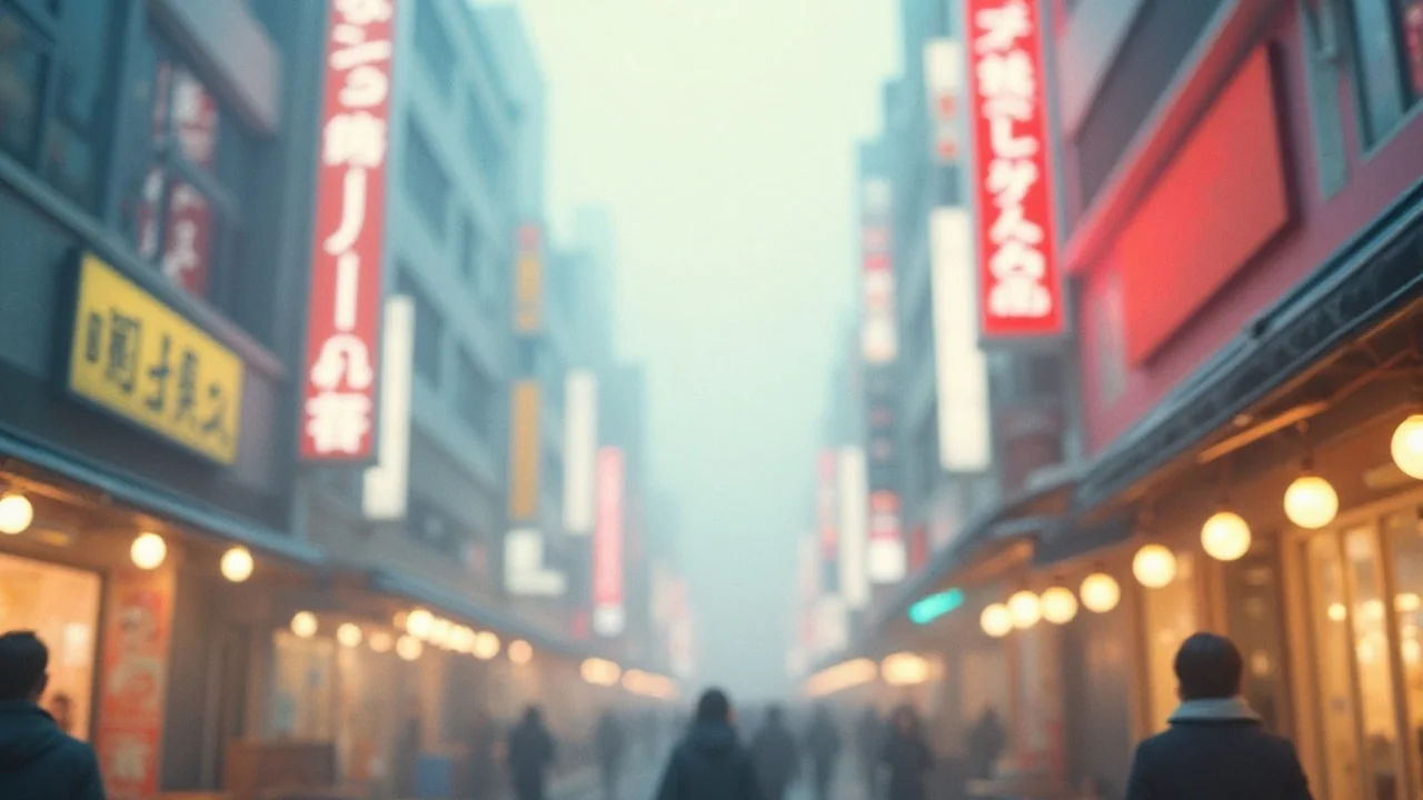 黄昏时分日本小巷里亮着红黄色竖排霓虹灯牌，有人影走过，路边有人搭话不必理会