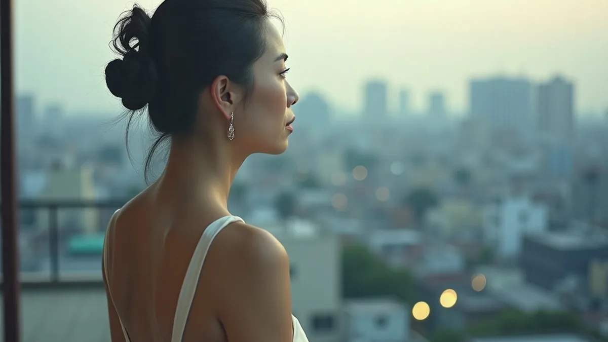 阳台侧影与东京黄昏屋顶,对应东京各区一览