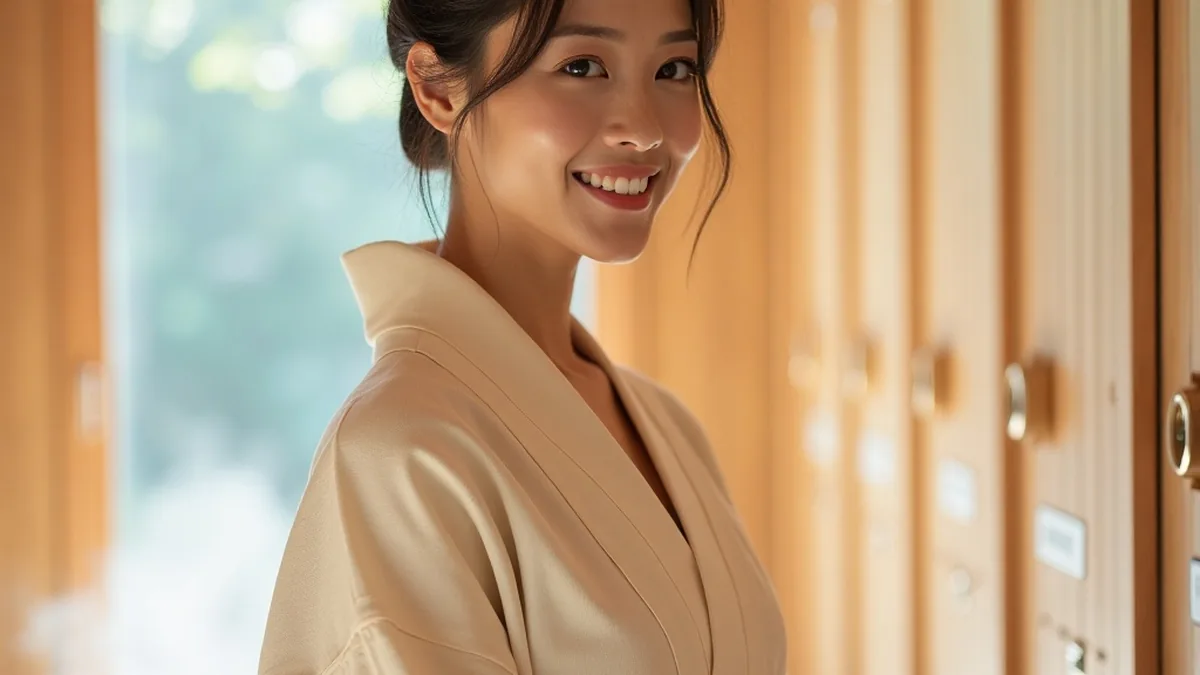 把深色头发松松盘起的年轻女性穿着浅米色交领长袍，面带微笑侧身看向镜头，身后是一排浅木色储物柜和透亮的窗
