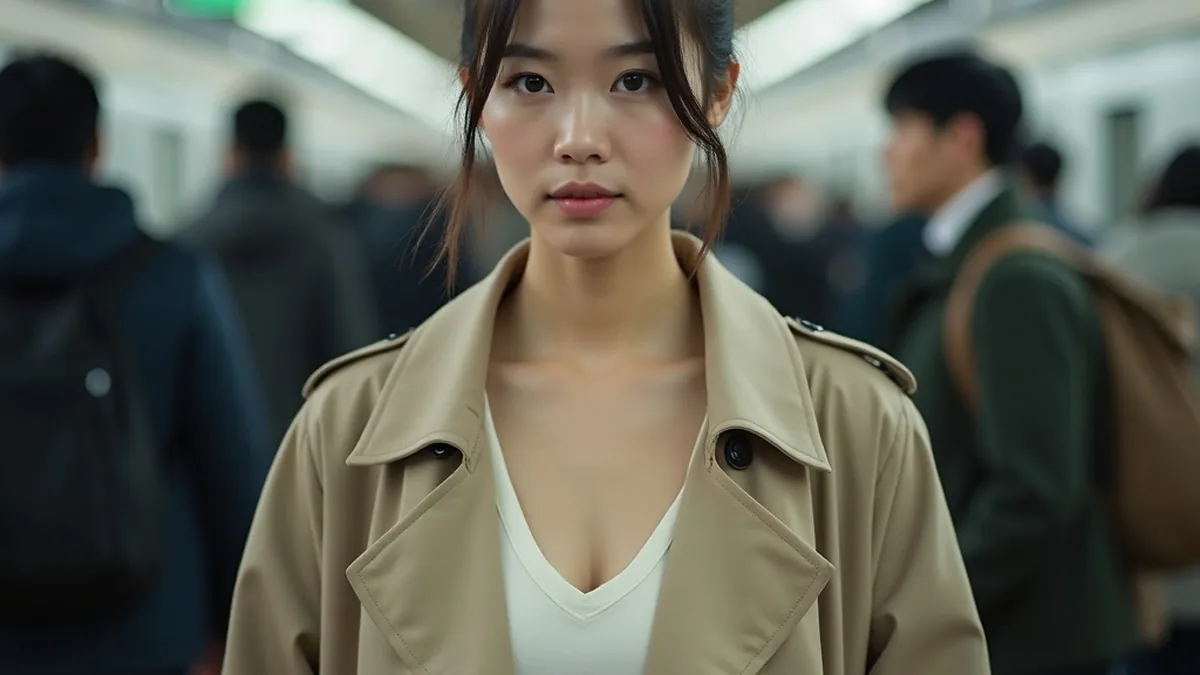 把深色头发挽起的年轻女性穿着米色风衣和白色V领上衣,神情平静地看向镜头,背景是虚化的明亮人流