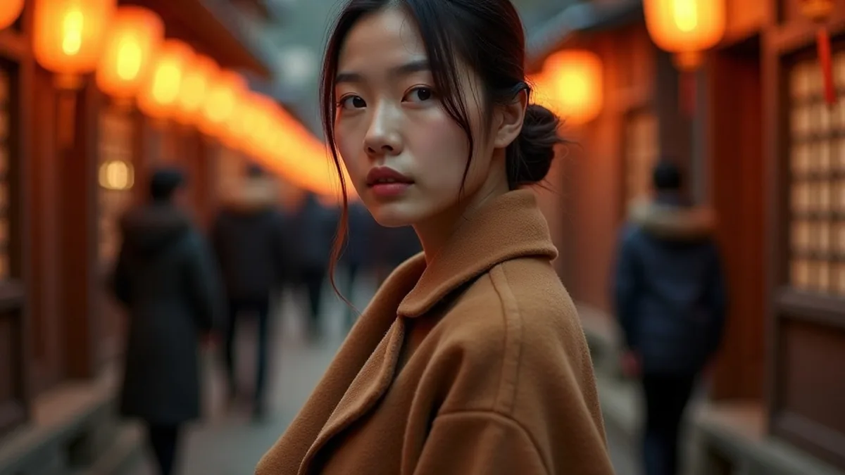 灯笼暖光夜街扣好大衣的东亚成年女性,对应吉原泡泡浴概览