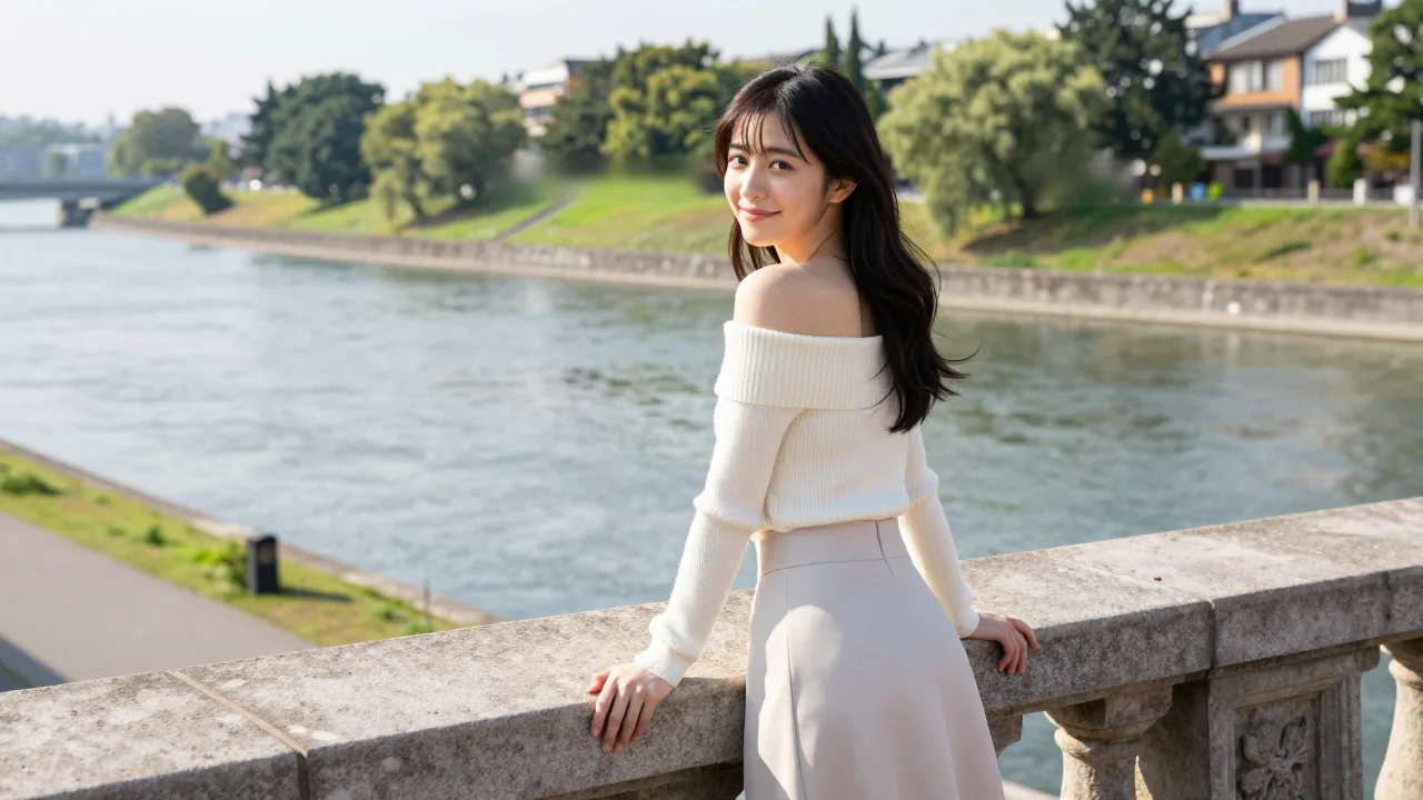 晴朗午后的那珂川河边步道上,长发女性倚着石栏侧身回眸,嘴角带笑,穿米白露肩针织上衣和浅色高腰长裙,身后是河面和对岸的草坡、树木与低层楼