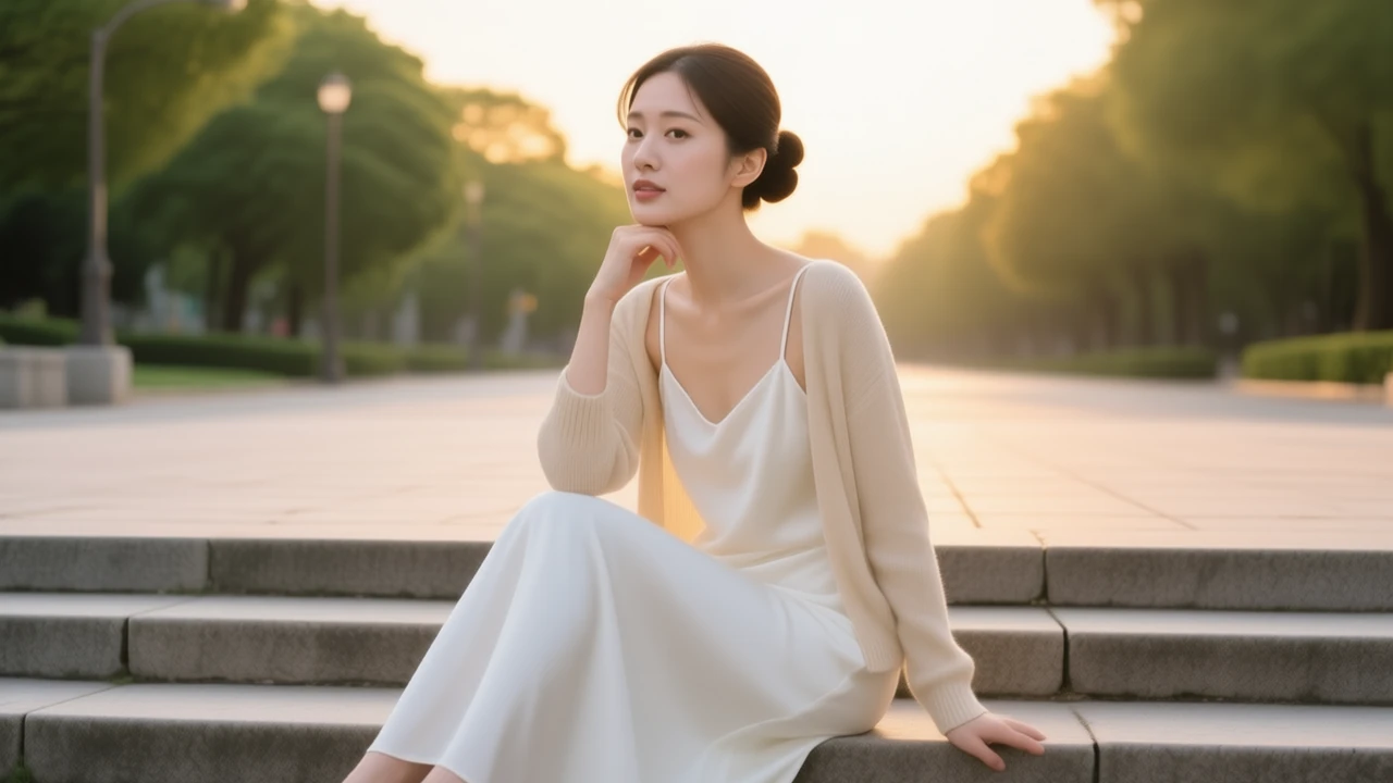 傍晚的公園步道旁,盤起頭髮的女性坐在石階上,一手托著下巴望向鏡頭,穿米白色細肩帶長裙、外搭淺色開衫,身後是虛化的行道樹和暖色天空