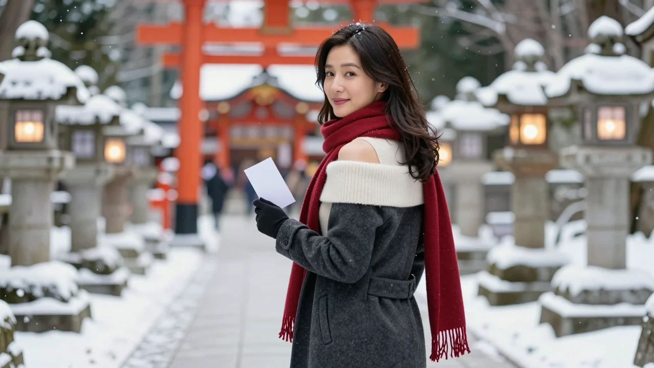 落着薄雪的神社参道上,围着红围巾、穿深灰大衣的女性手拿白纸条回眸微笑