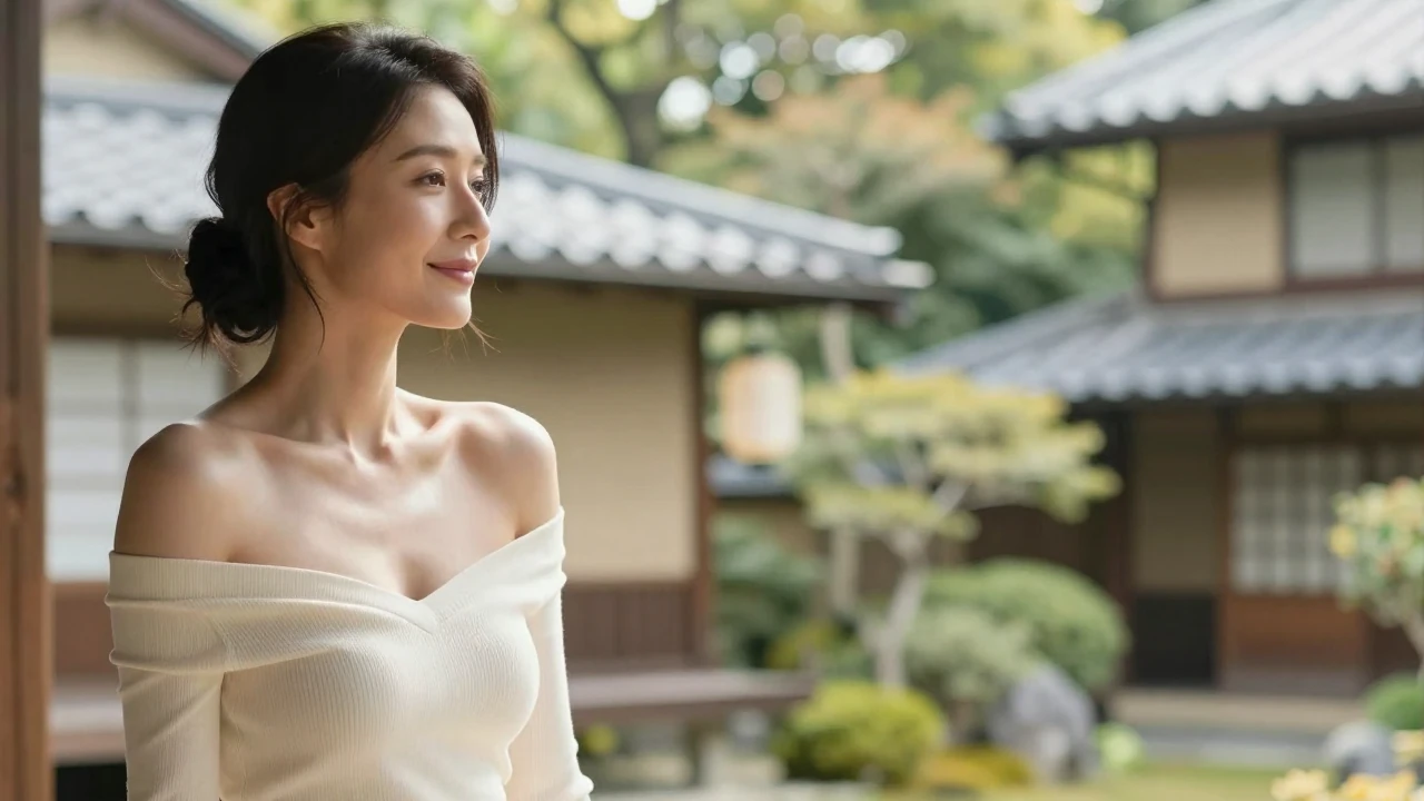 穿米白色露肩針織洋裝的成年女性坐在木造房屋的簷廊邊，側臉望向庭院，身後是綠樹和低矮的瓦頂房屋
