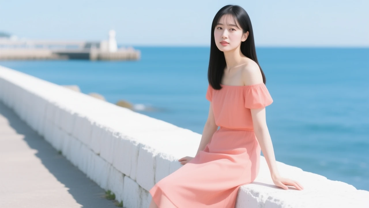 晴朗午后的海边步道上,黑色长发的年轻女性侧坐在低矮的白色石墙上,双手撑在身侧、望向镜头,穿珊瑚色露肩连衣裙,身后是蓝色的海面和远处的防波堤