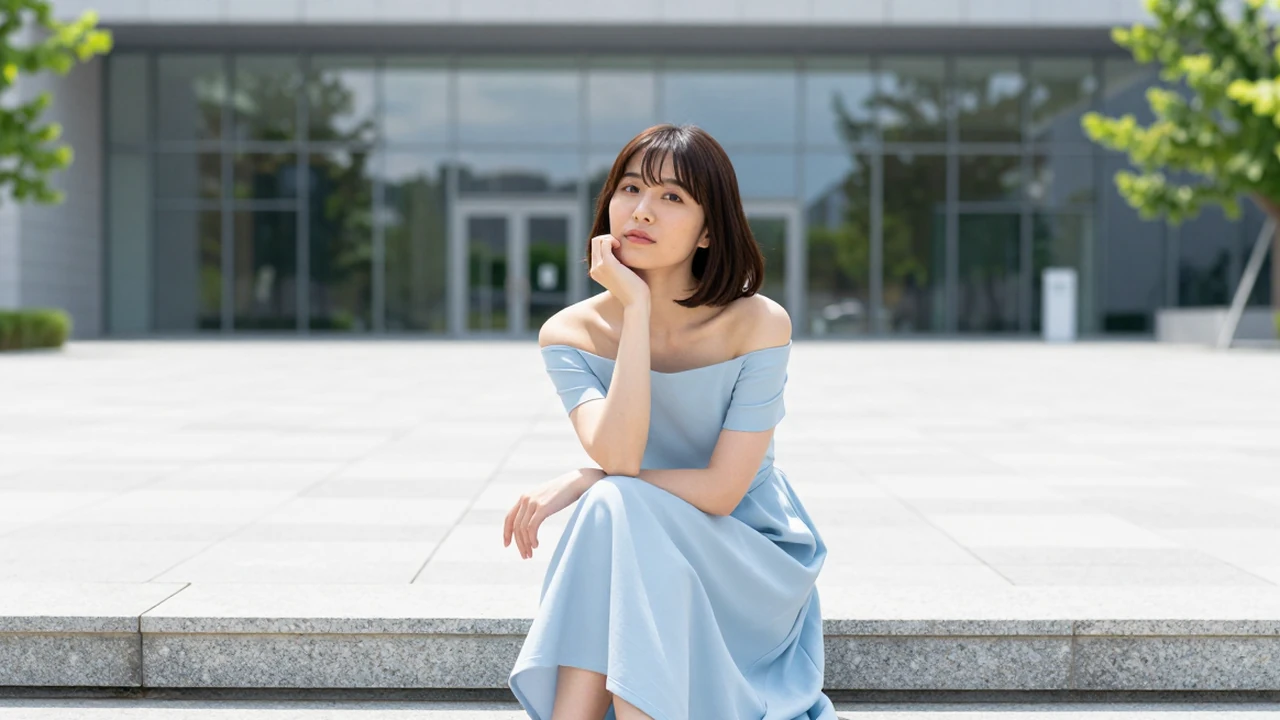 晴朗午後的美術館前廣場上,及肩短髮的女性坐在石階邊,單手托腮、抬眼望向鏡頭,身穿淡藍色一字肩連身裙,身後是虛化的玻璃外牆和綠樹