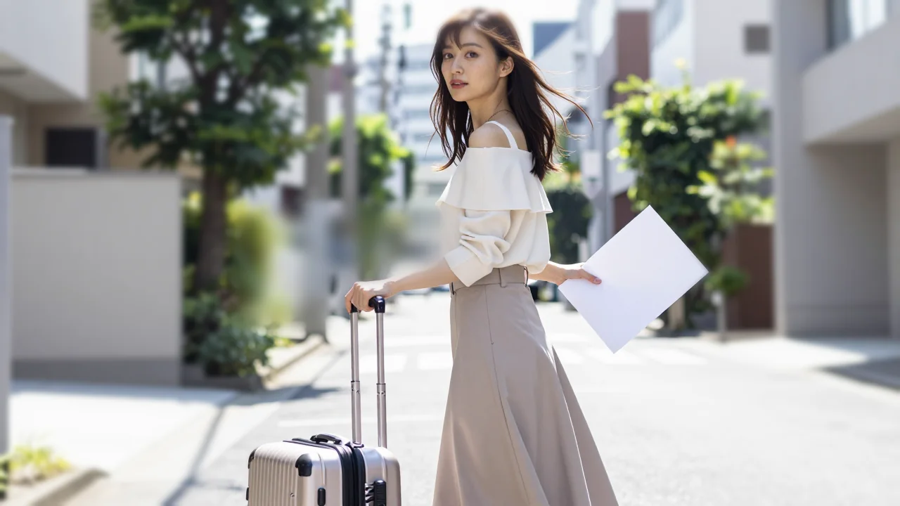 晴朗午後的東京街頭,長髮隨風飄起的女性一手扶著行李箱、一手拿著一張白紙,側臉望向鏡頭,身穿淺色露肩上衣與高腰長裙