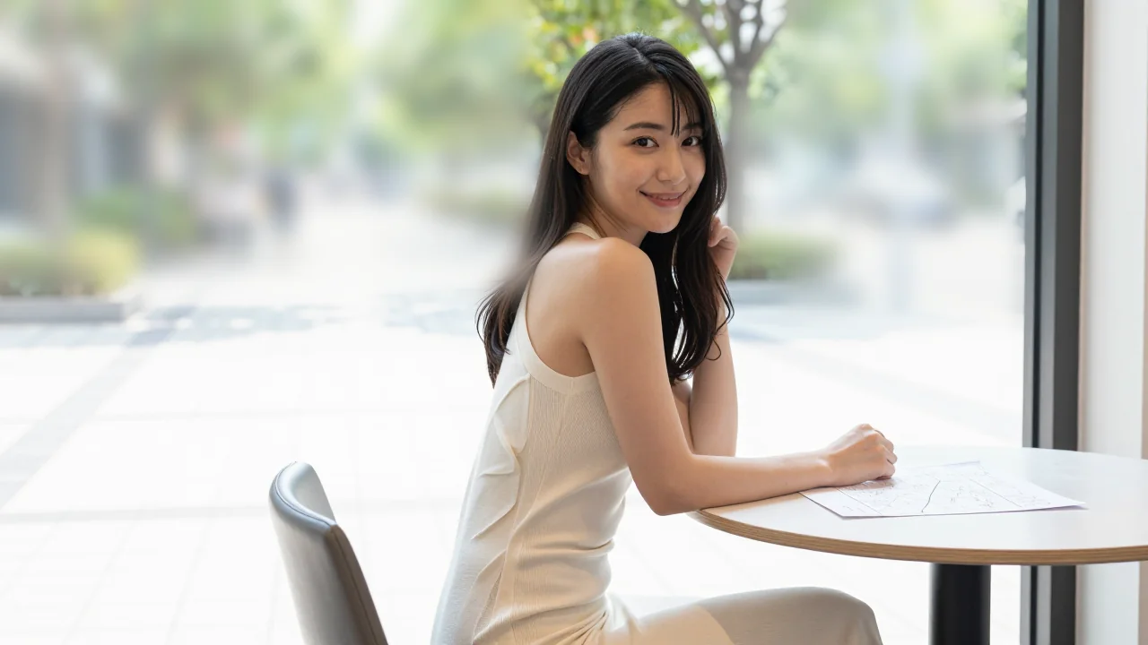 明亮咖啡馆的窗边,长发女性坐在小圆桌前回眸微笑,桌上摊着一张地图,窗外是洒满阳光的林荫步道